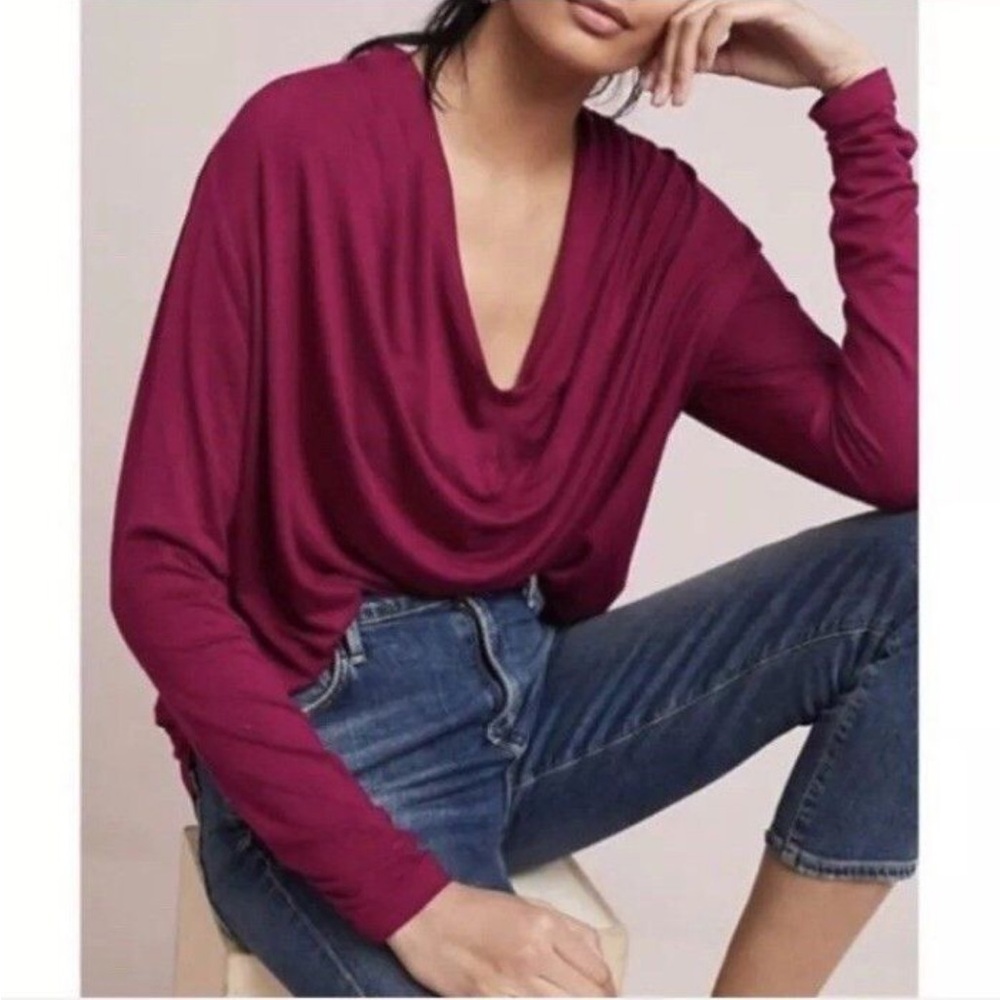 Anthropologie Maeve Melissa Draped Jersey Top in Raspberry Size Large